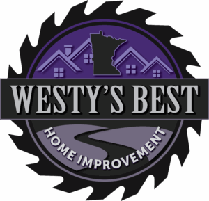 Logo design for Westy’s Best featuring a saw with purple tones, and silhouettes of a house, Minnesota, and a River Valley
