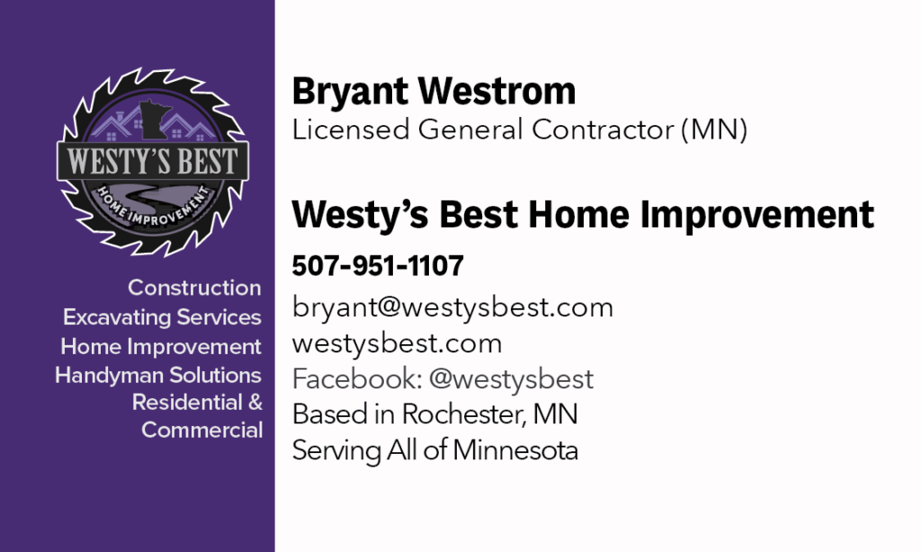 Brand side of Westy’s Best Home Improvement business card showing logo and bold construction branding designed by Squirrel Studios.