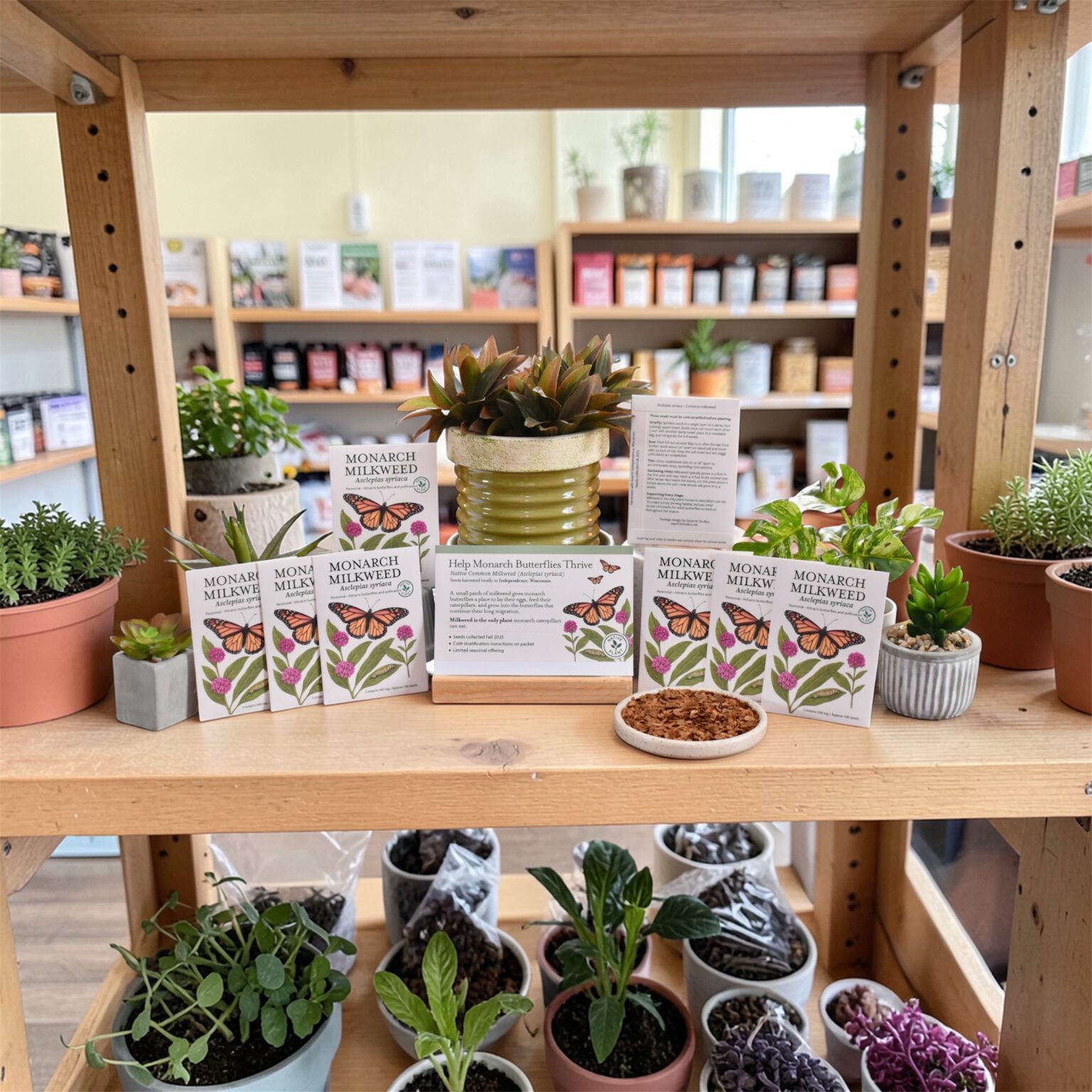 Photograph of a retail display featuring multiple seed packets arranged on natural wood-style shelving alongside small potted plants. A coordinating shelf talker highlights the product. A shallow tray displays loose seeds to show their appearance inside the packets, giving customers a clear view of what they are purchasing and how the seeds look in real form.