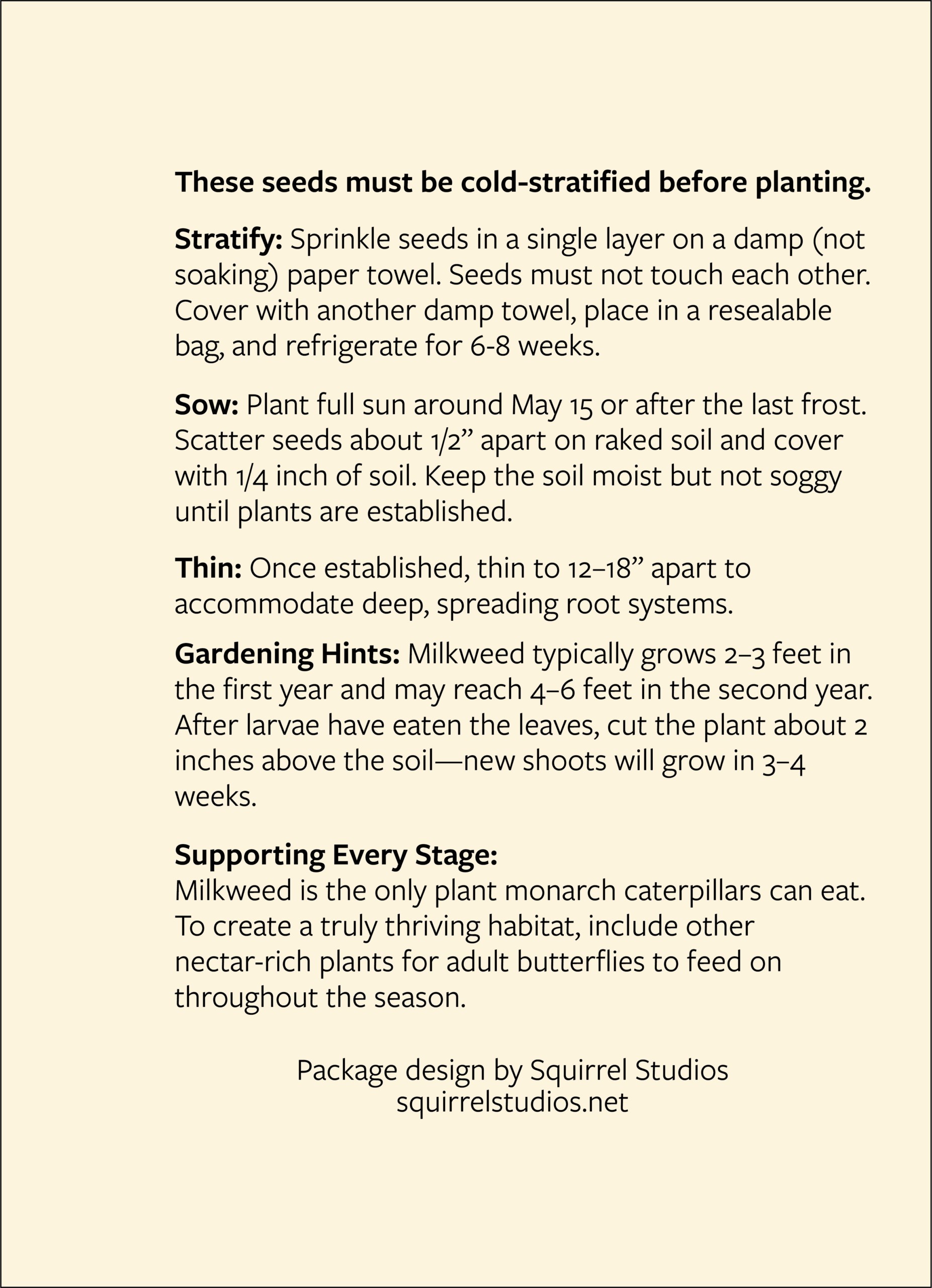 Milkweed for Monarchs seed packet back panel design showing planting instructions and informational text about supporting monarch butterfly habitats, with structured layout for readability and botanical branding.